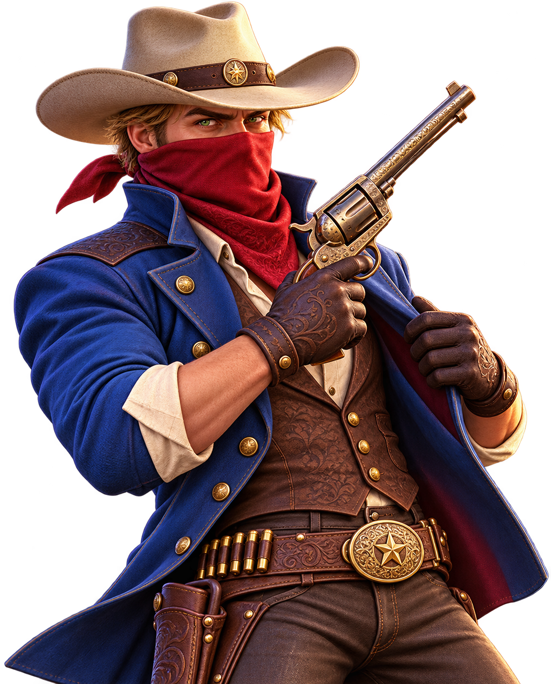 Outlaw in cobalt blue coat with pale hat red bandana and engraved revolver