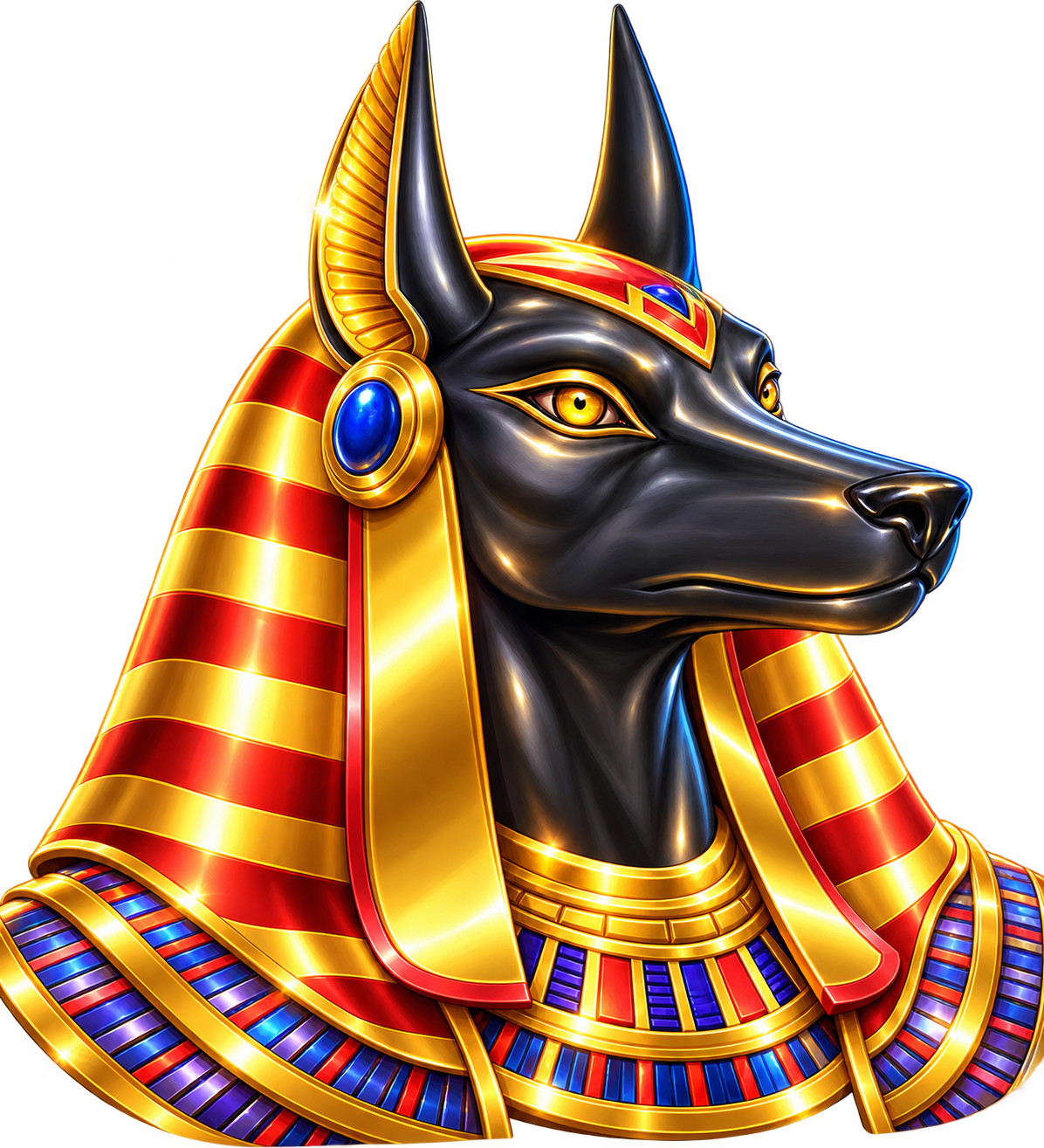 Anubis with a black jackal head, gold and red Egyptian headdress, blue jewels and an ornate ceremonial collar