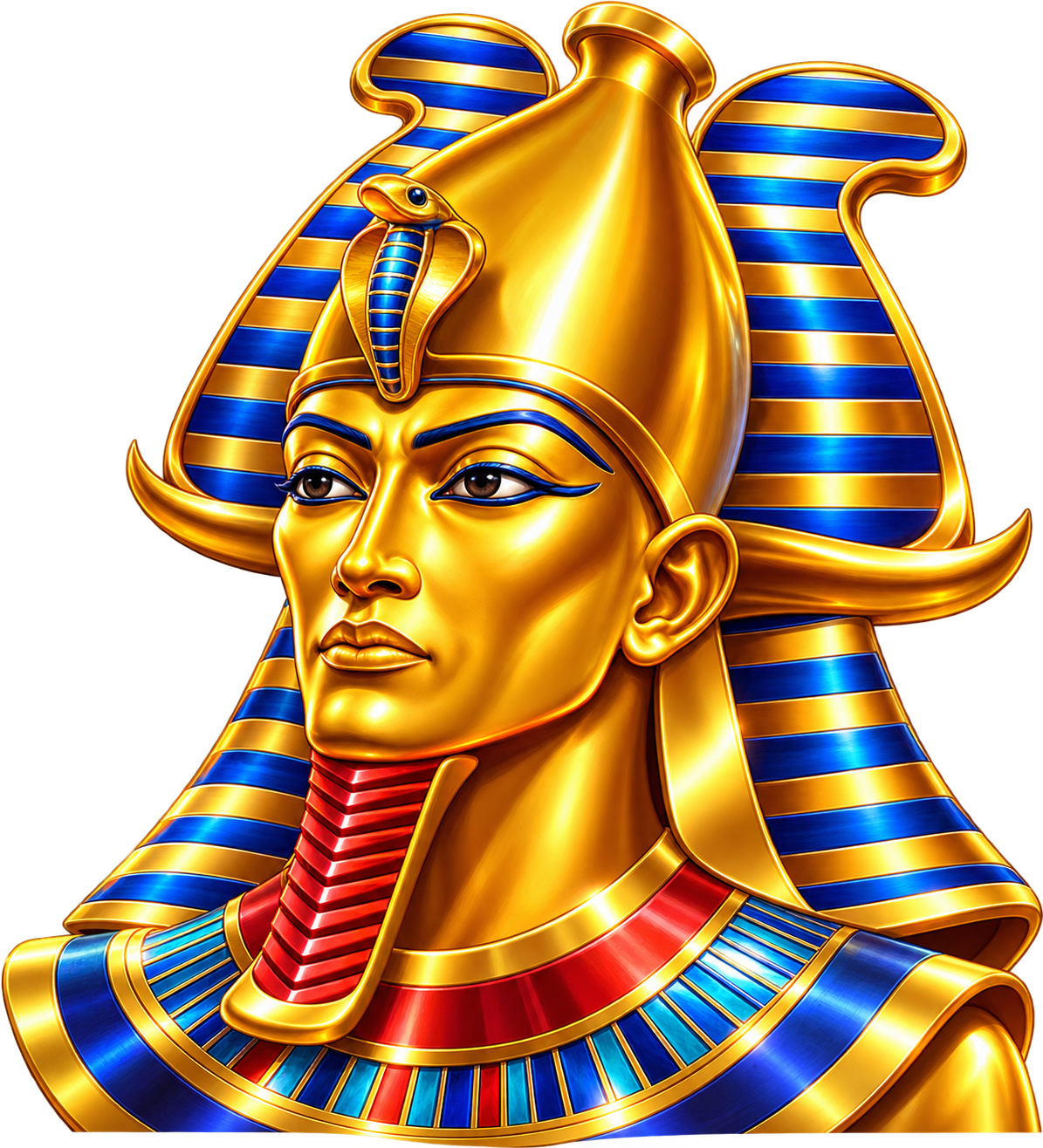 Golden Egyptian pharaoh bust wearing a blue-striped royal crown with cobra ornament and colorful collar