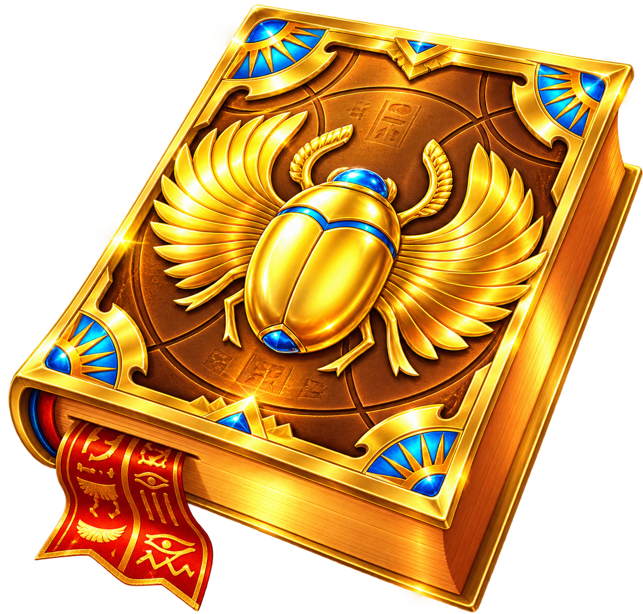 Angled golden Egyptian book with a winged scarab emblem, blue gemstone accents and a red bookmark