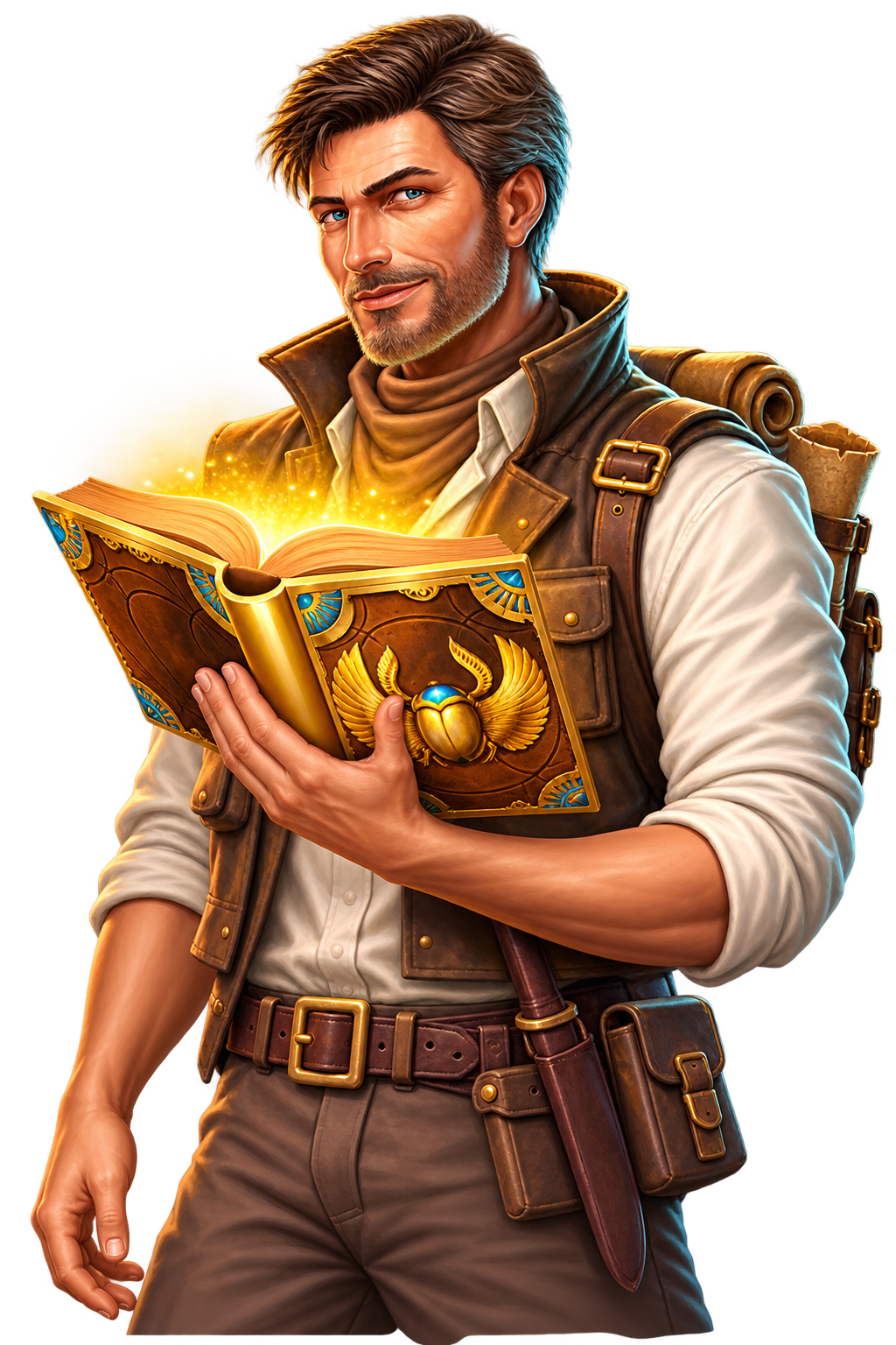 Bearded male adventurer in expedition clothes reading a glowing golden Egyptian book