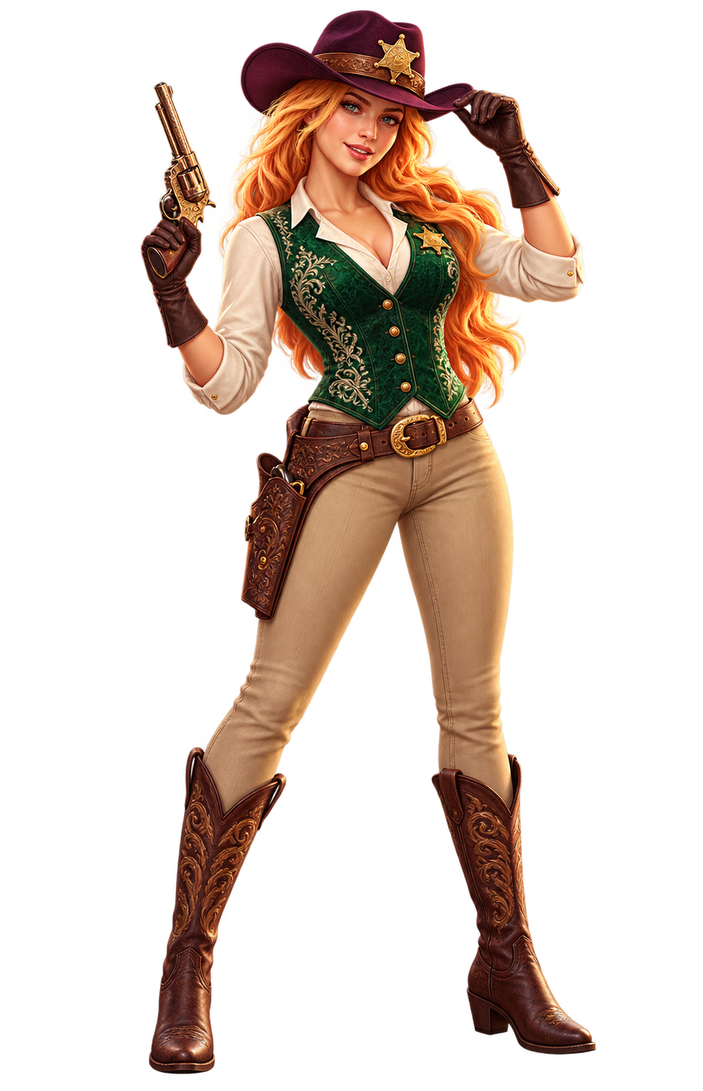 Red-haired sheriff character in emerald green vest and burgundy cowboy hat