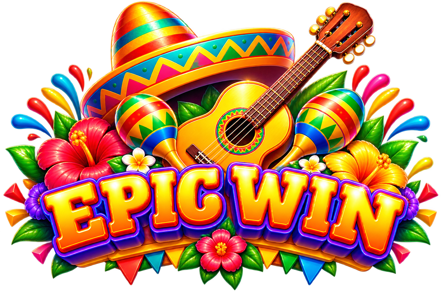 Glossy EPIC WIN text surrounded by a striped sombrero, guitar, maracas, colorful flowers and fiesta decorations