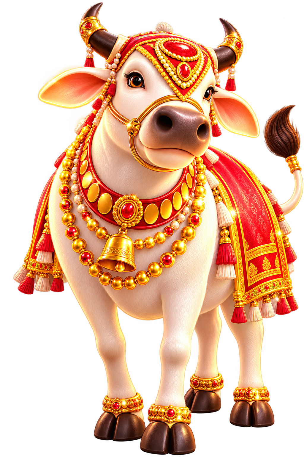 White festive cow with golden necklaces, bells, jeweled headpiece and red-and-gold ceremonial cloth