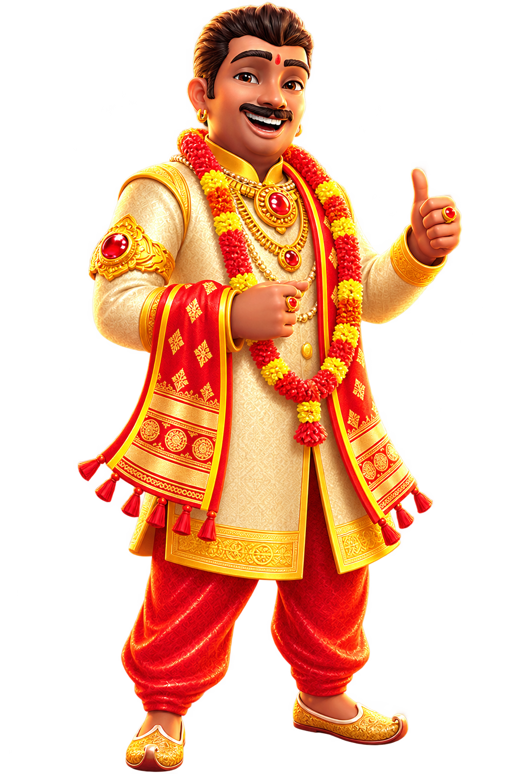 Smiling Indian male character giving a thumbs-up, wearing a cream embroidered tunic, red trousers and gold jewelry