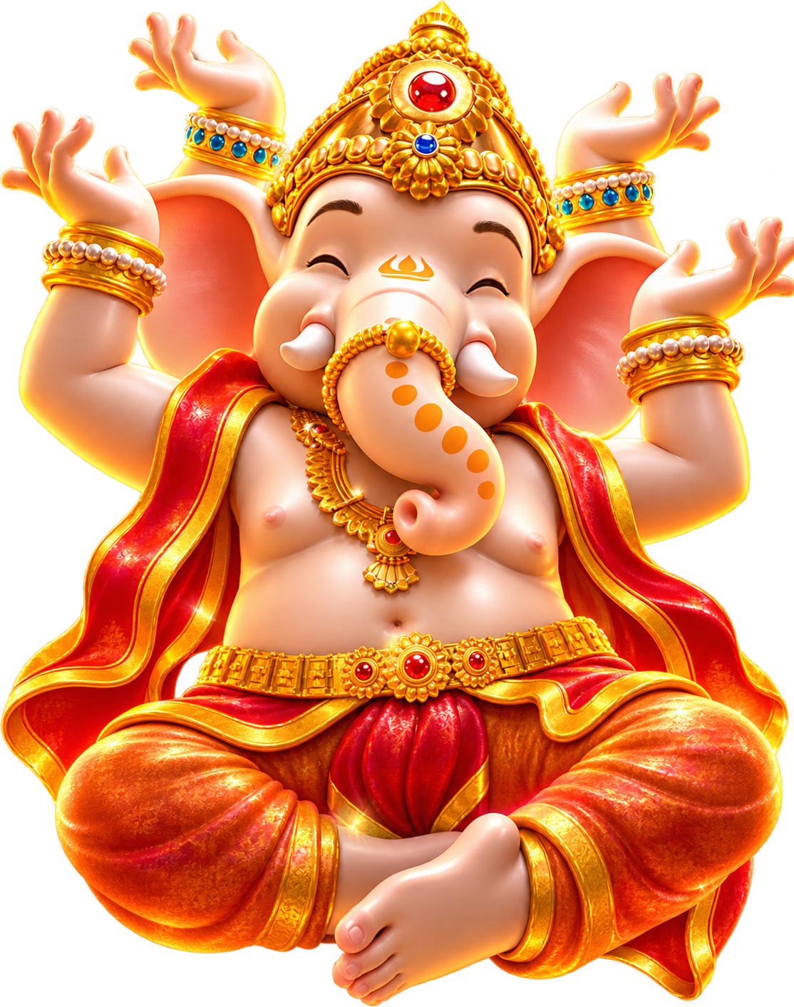 Seated elephant-headed Ganesha figure with raised hands, jeweled golden crown and orange-red ceremonial clothing
