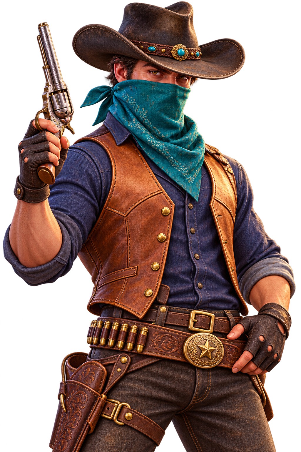 Masked cowboy in brown hat and tan vest holding a silver revolver