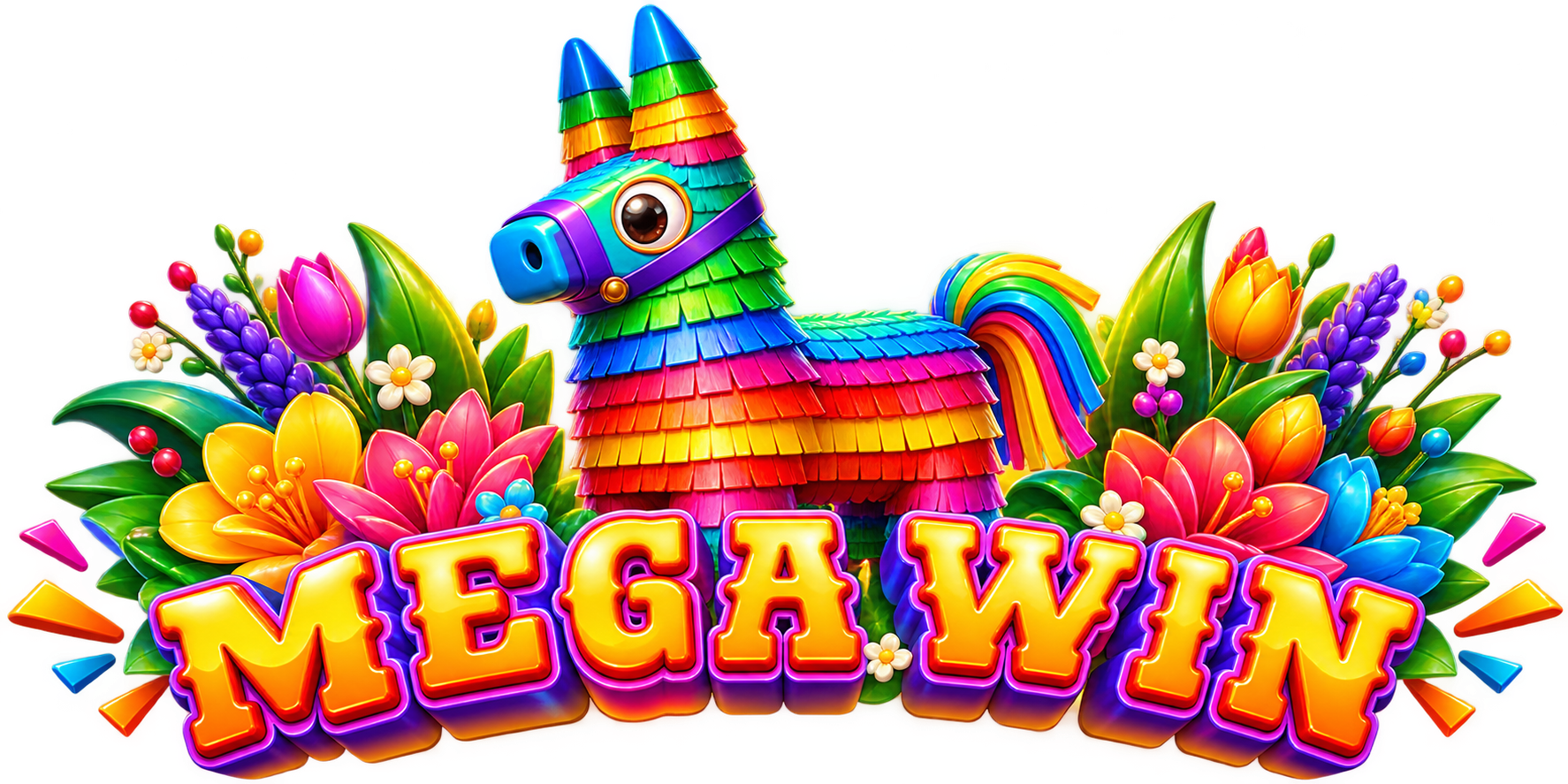 Rainbow donkey pinata above glossy MEGA WIN lettering surrounded by bright tropical flowers and confetti