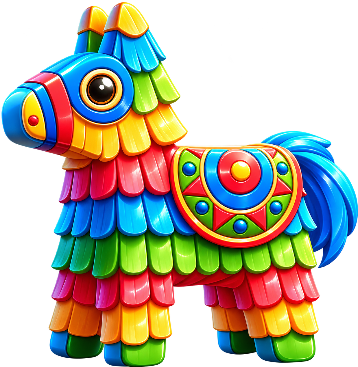 Bright rainbow donkey pinata with layered colorful paper fringe, round saddle ornament, large eye and blue tail