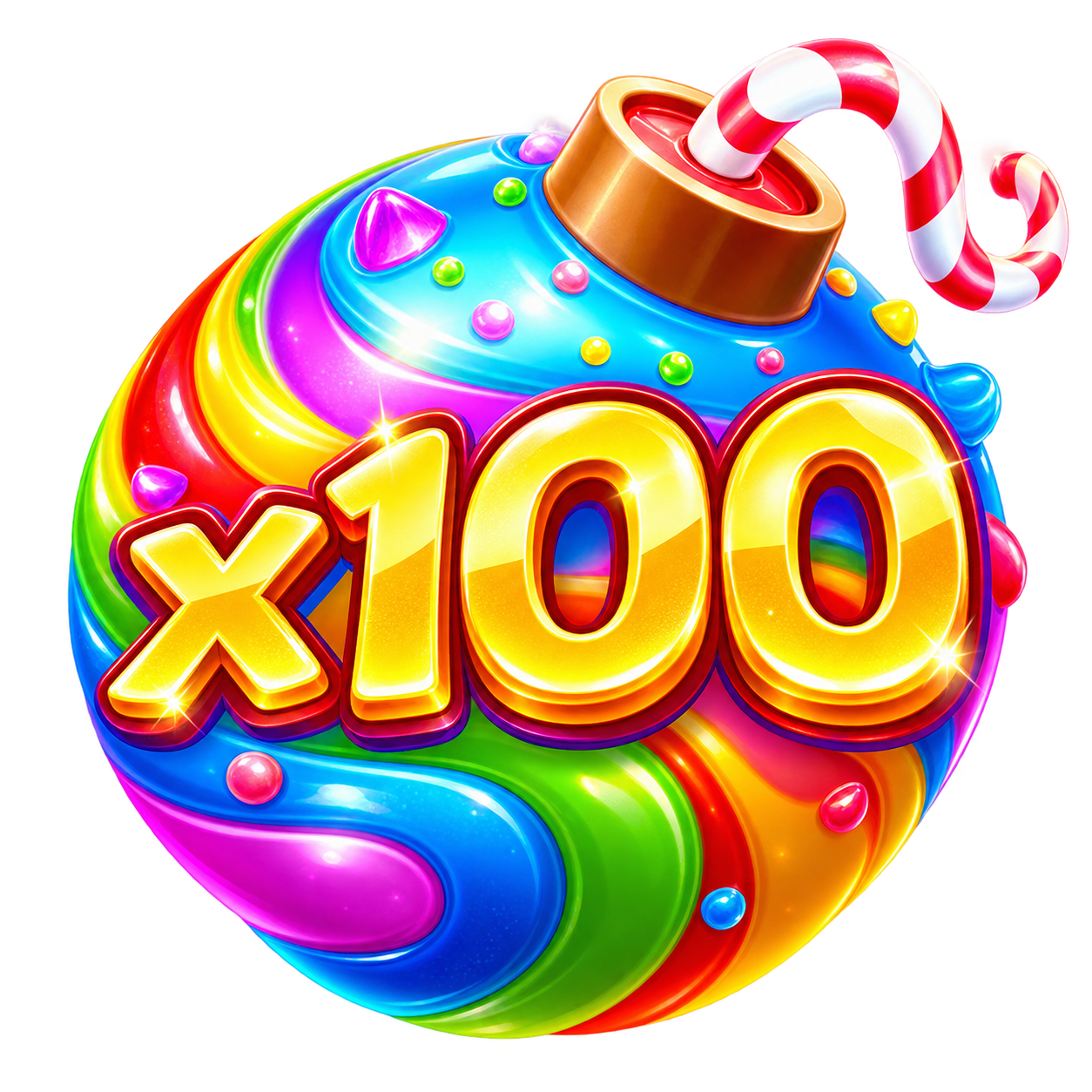 Sweet Bonanza 100x PNG – rainbow swirled candy bomb with golden x100 label and candy cane fuse