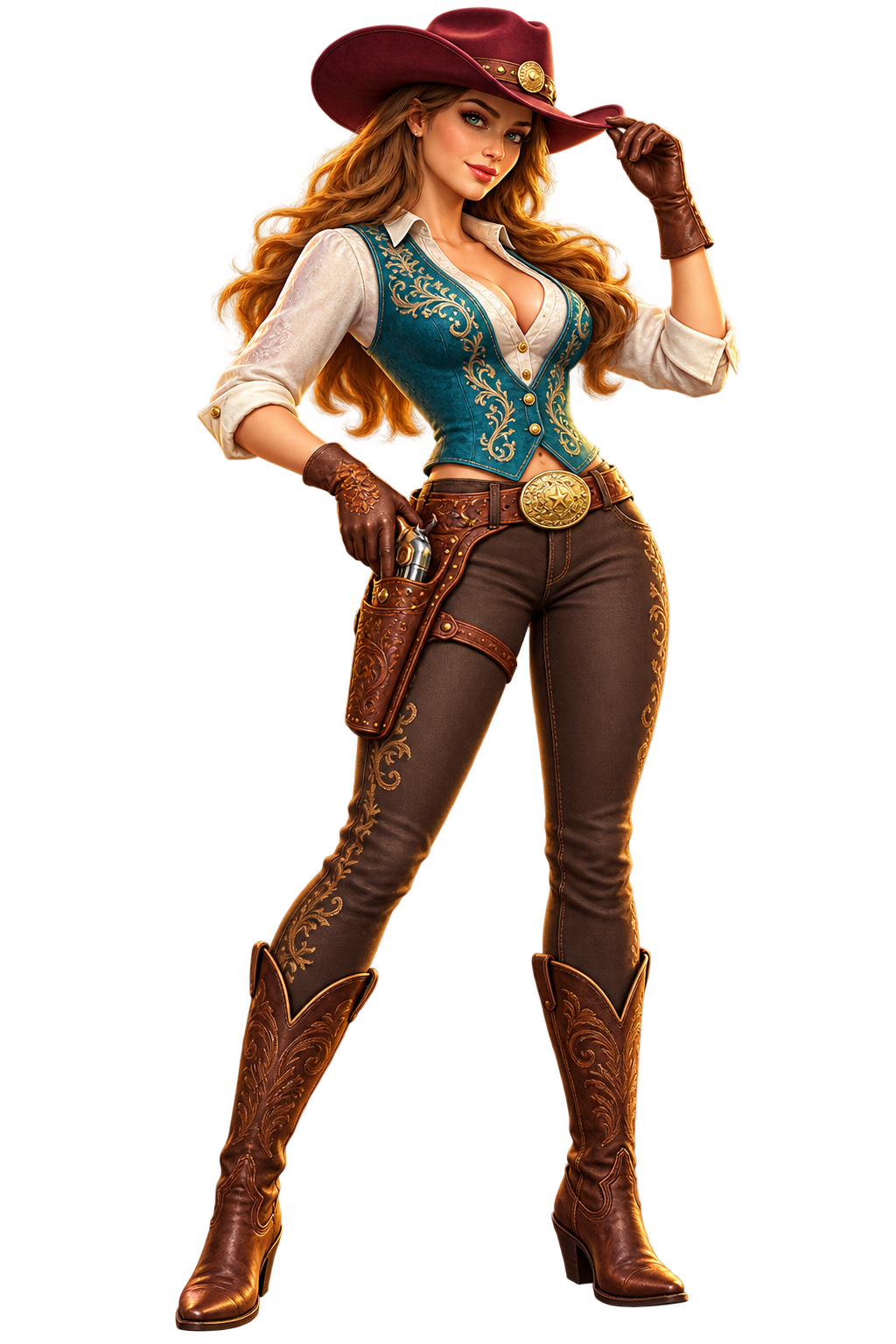 Red-haired cowgirl in turquoise vest and burgundy cowboy hat