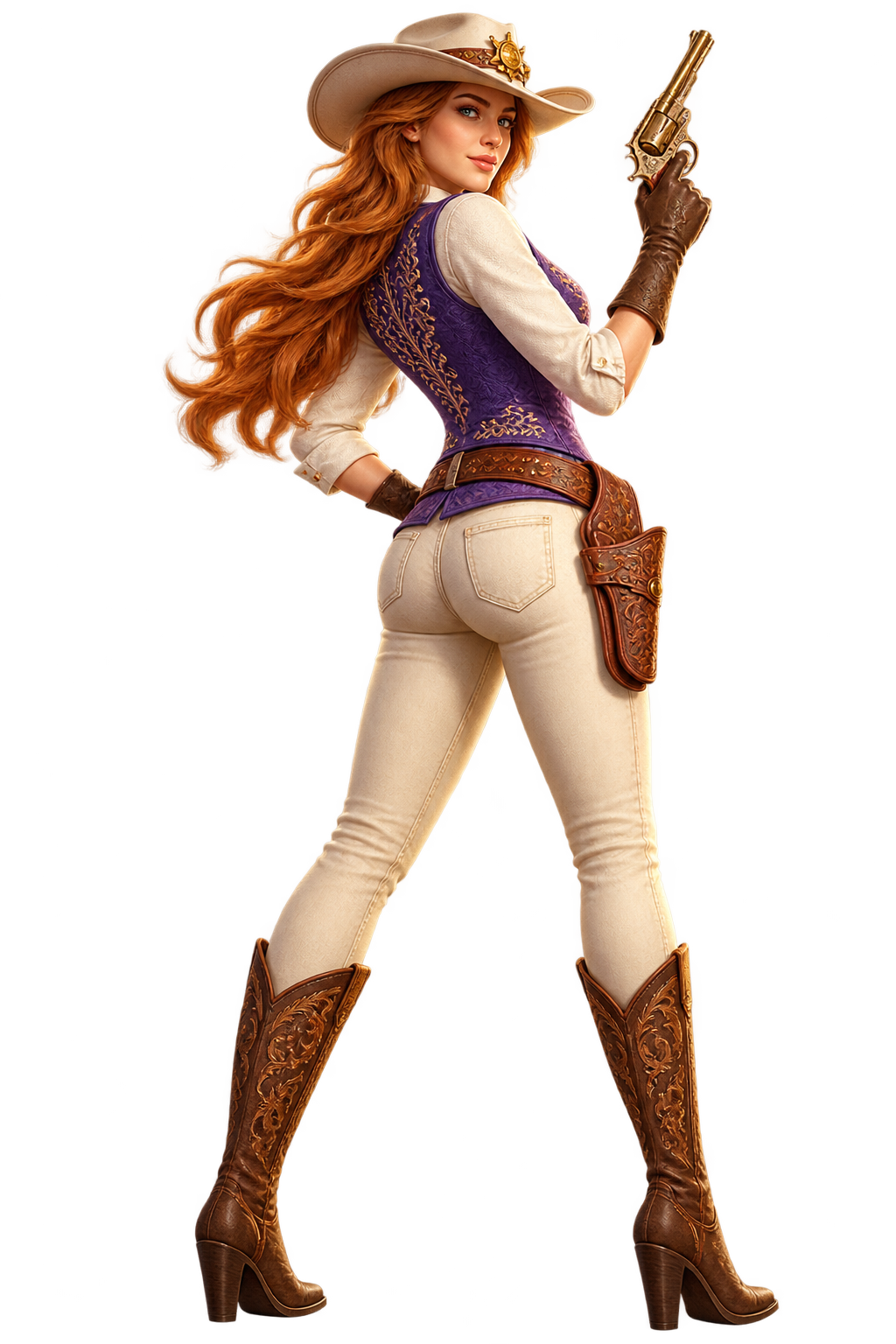 Brown-haired cowgirl turning backward in tan hat and purple vest with raised revolver