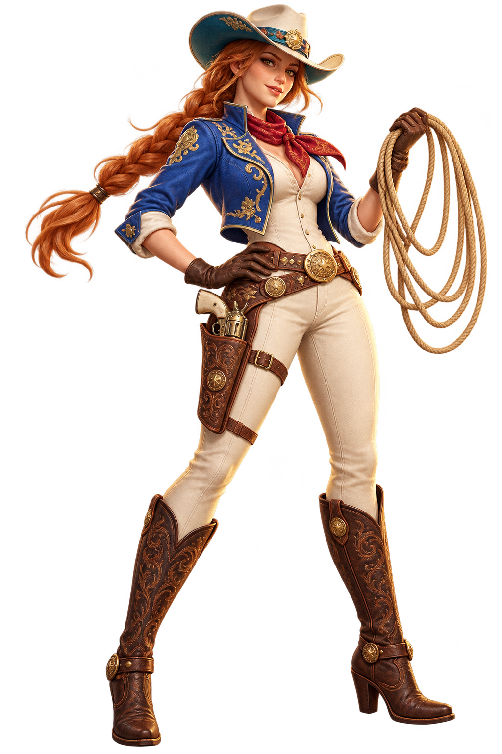 Long-haired cowgirl in blue embroidered jacket holding a rope lasso
