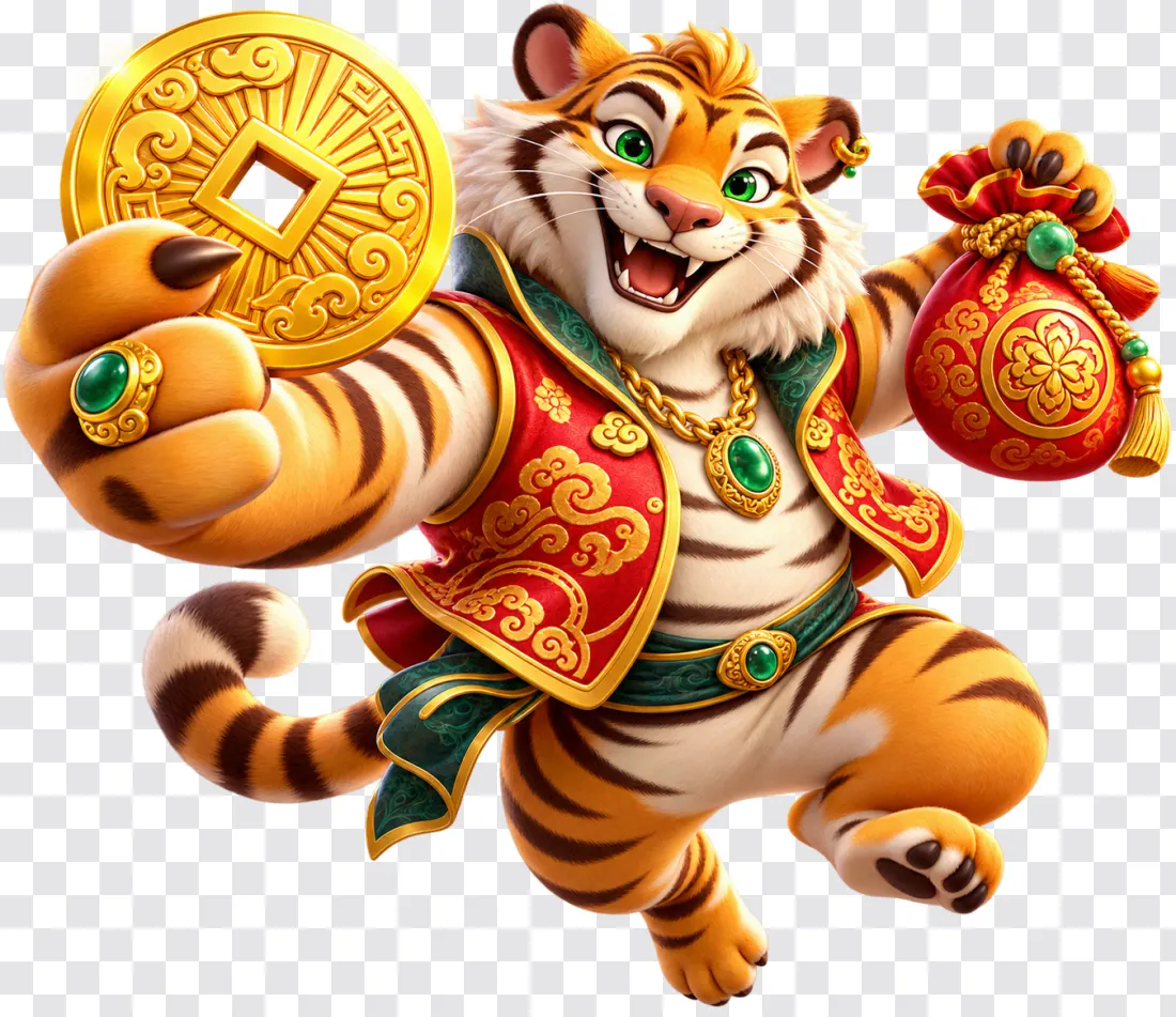 Fortune Tiger with Gold Coin – Casino Slot Character PNG