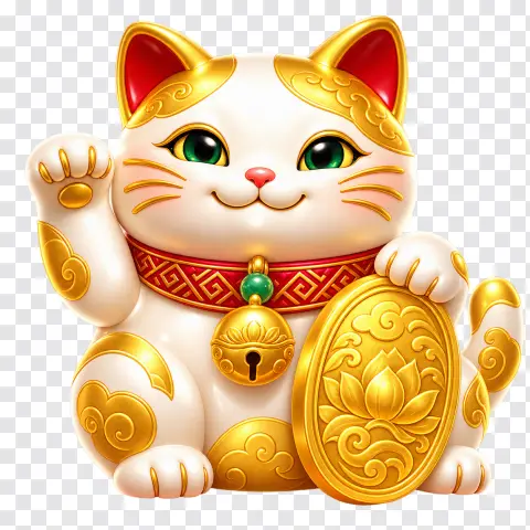 Golden Lucky Cat with Lotus Coin – Casino Slot Symbol PNG