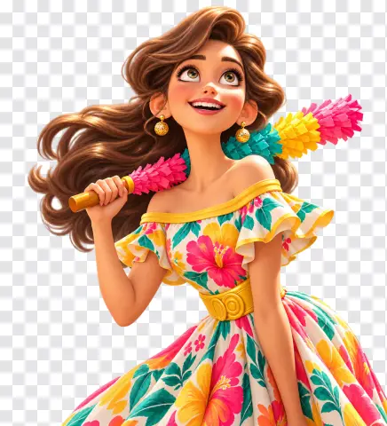 Fiesta Girl with Pinata Stick – Casino Slot Character PNG