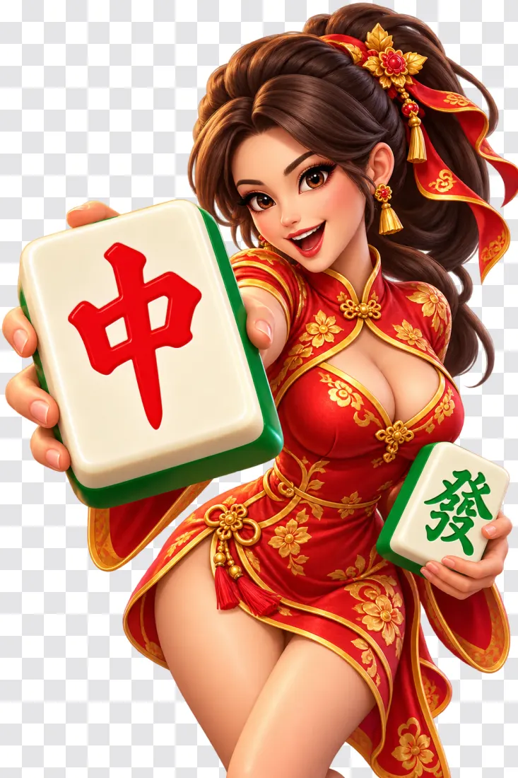 Mahjong Ways PNG – Playful Girl with Oversized Tiles