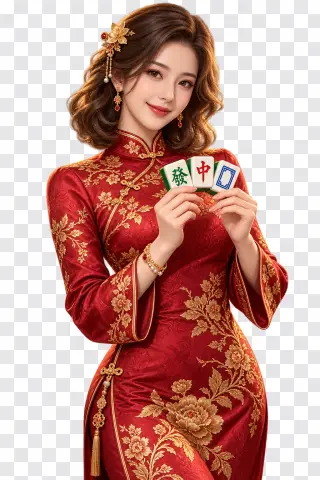 Mahjong Ways PNG – Elegant Lady in a Red Qipao