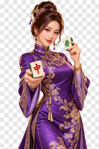 Mahjong Ways PNG – Purple Qipao Woman Holding Mahjong Tiles