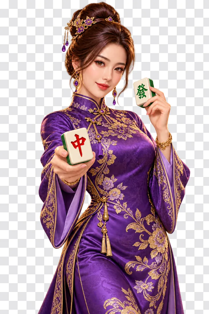 Mahjong Ways PNG – Purple Qipao Woman Holding Mahjong Tiles