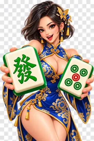 Mahjong Ways PNG – Blue Dress Girl with Green Mahjong Tiles
