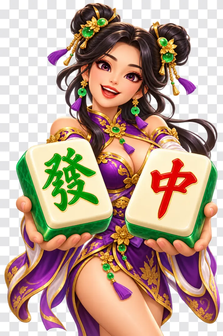 Mahjong Ways PNG – Twin Bun Girl with Two Large Tiles