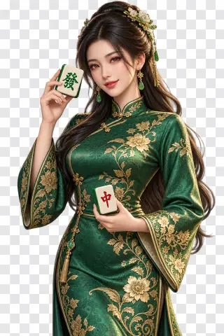 Mahjong Ways PNG – Emerald Qipao Lady with Floral Embroidery