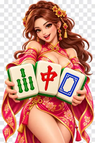 Mahjong Ways PNG – Redhead in a Pink Dress with a Tile Fan