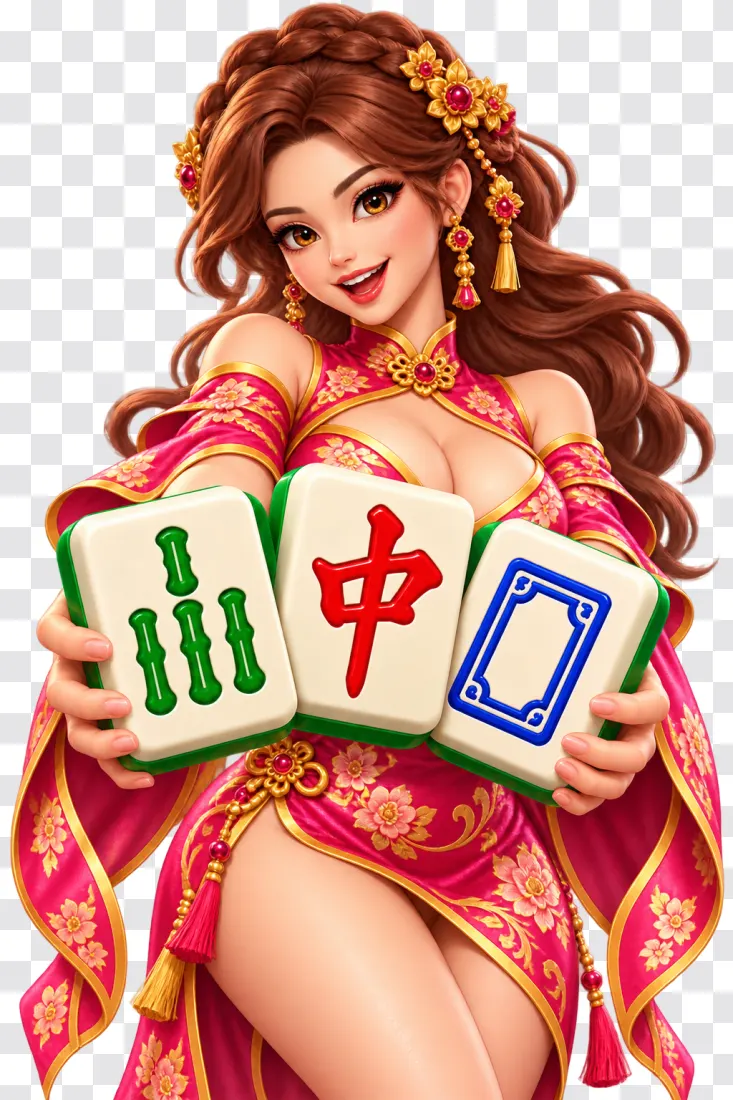 Mahjong Ways PNG – Redhead in a Pink Dress with a Tile Fan