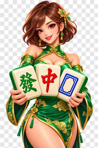 Mahjong Ways PNG – Green Dress Girl Presenting Three Tiles