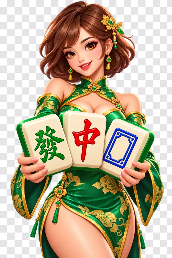 Mahjong Ways PNG – Green Dress Girl Presenting Three Tiles