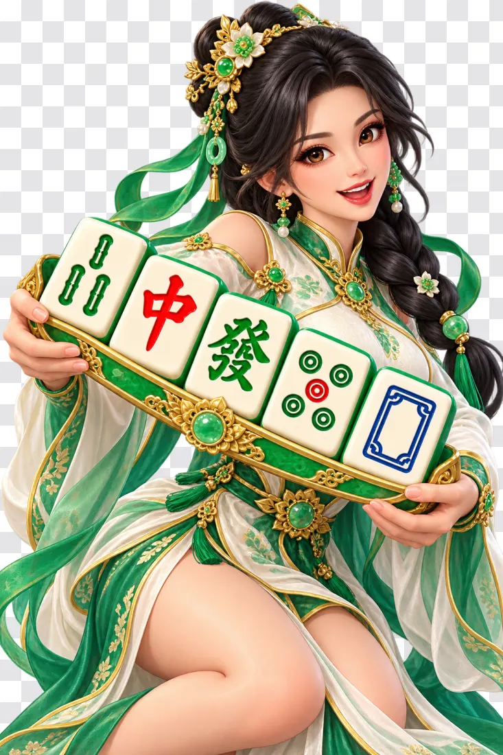 Mahjong Ways PNG – Jade Robed Woman with Five Mahjong Tiles