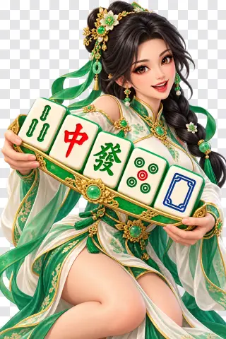 Mahjong Ways PNG – Jade Robed Woman with Five Mahjong Tiles