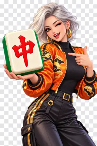 Mahjong Ways PNG – Silver Haired Girl with a Red Dragon Tile