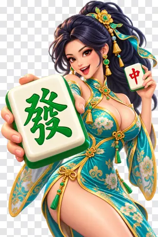 Mahjong Ways PNG – Teal Dress Lady with a Large Green Tile