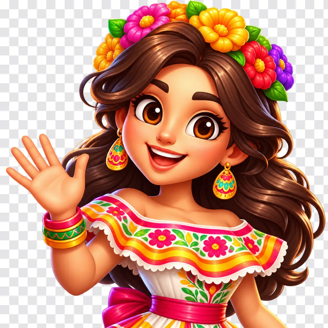 Book of Pinata PNG – Waving Girl with Flower Crown