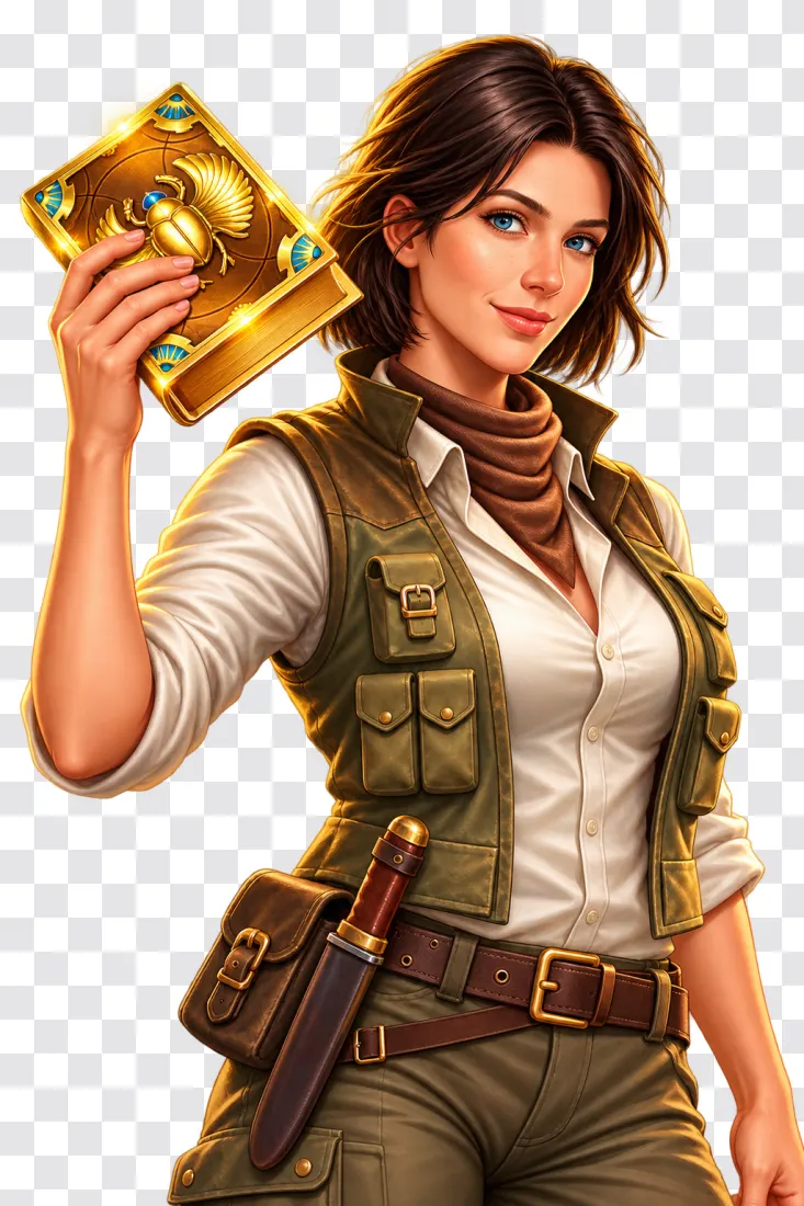 Book of Dead Female Explorer with Golden Book PNG