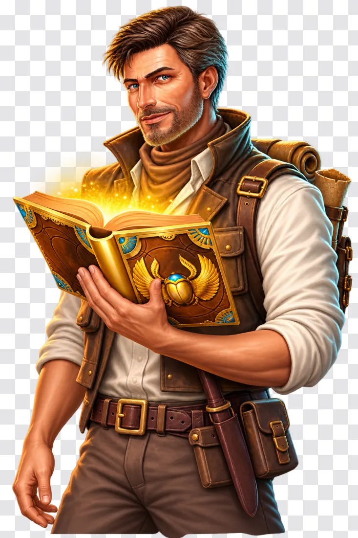 Book of Dead Male Adventurer with Glowing Book PNG