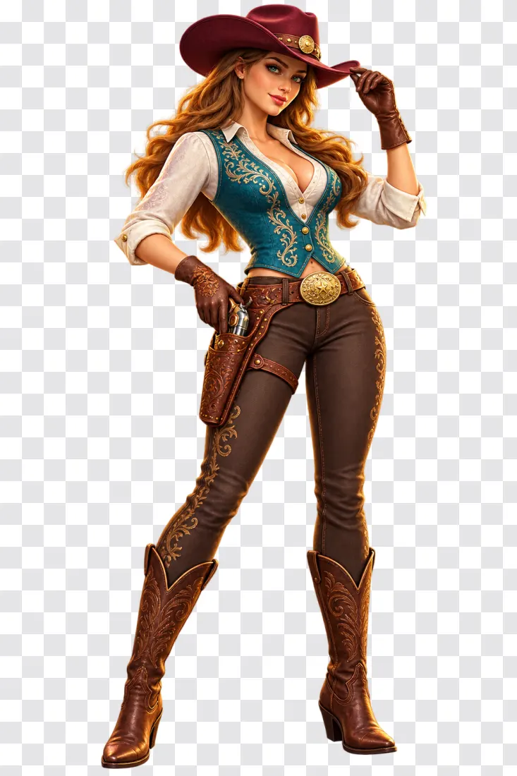 Turquoise Vest Cowgirl PNG – Wild Bounty Showdown