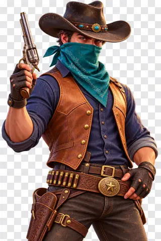 Masked Gunslinger with Silver Revolver PNG
