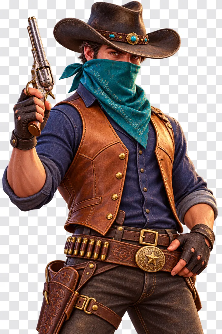 Masked Gunslinger with Silver Revolver PNG