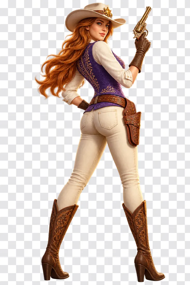 Western Cowgirl with Raised Revolver PNG