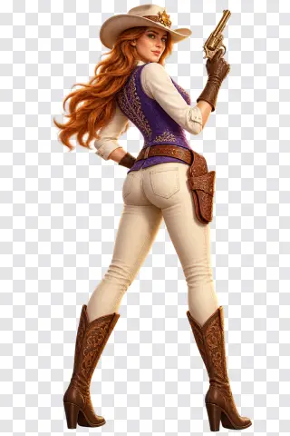 Western Cowgirl with Raised Revolver PNG