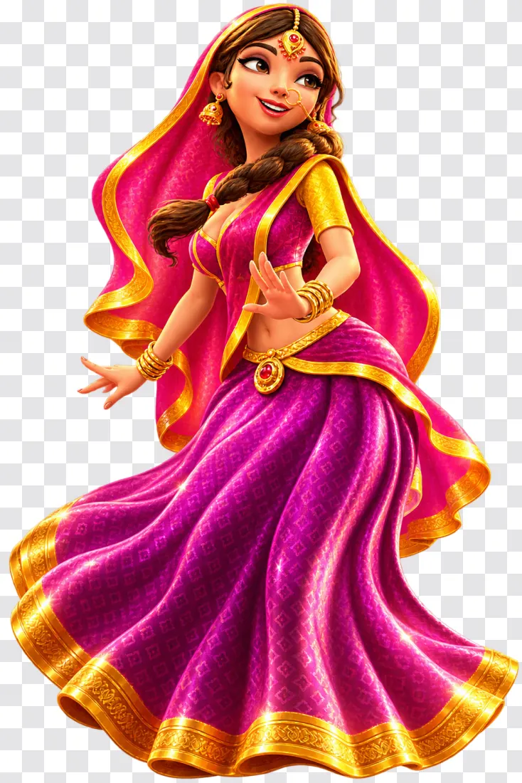 Ganesha Fortune Dancing Girl in Magenta Sari PNG