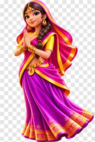 Ganesha Fortune Namaste Girl in Purple Sari PNG
