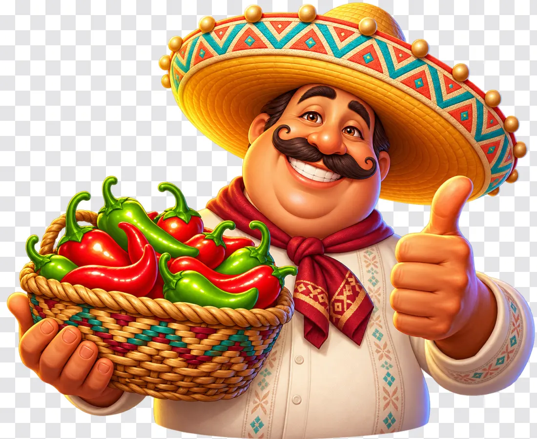 Mexican Man with Chili Pepper Basket – Casino Slot Character PNG