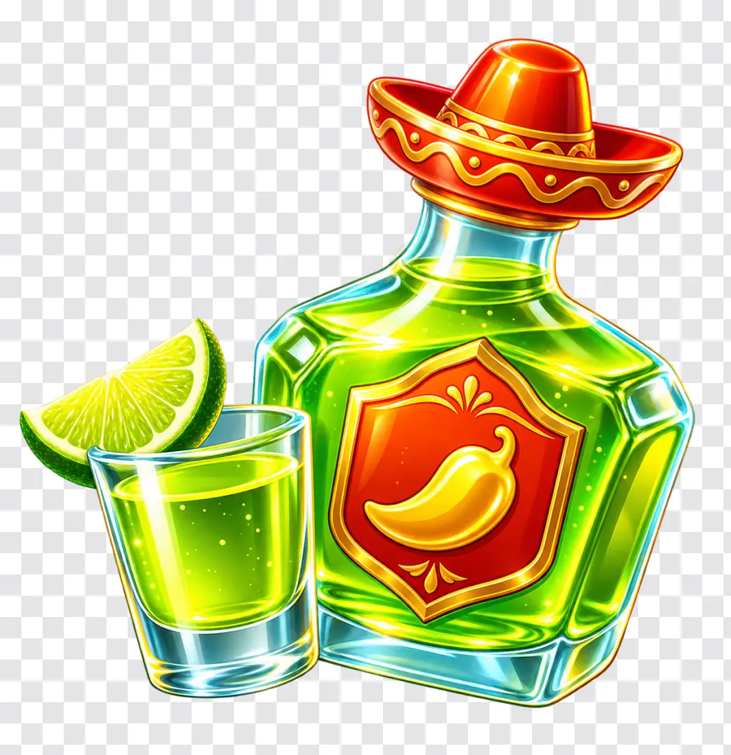 Tequila Bottle with Sombrero & Lime – Casino Slot PNG