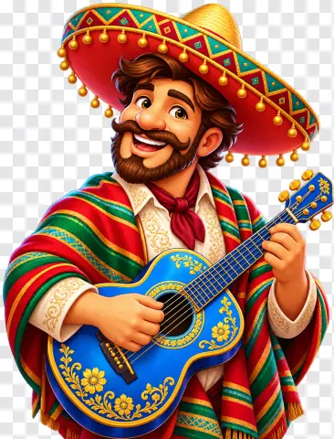 Mexican Musician with Blue Guitar – Casino Slot Character PNG