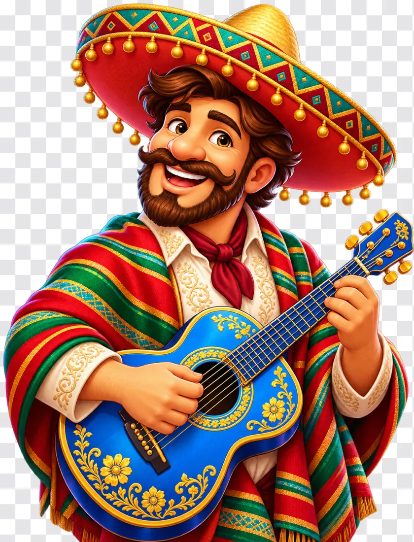 Mexican Musician with Blue Guitar – Casino Slot Character PNG