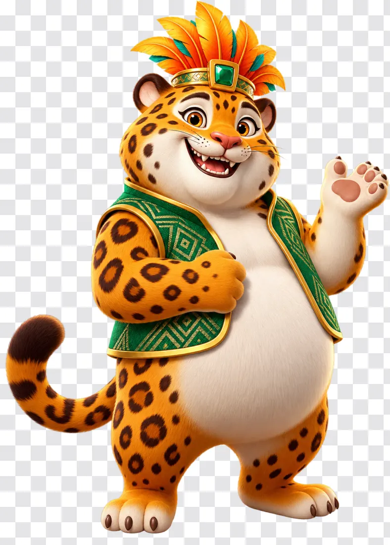Cheerful Jaguar in Feather Headdress – Casino Slot Character PNG